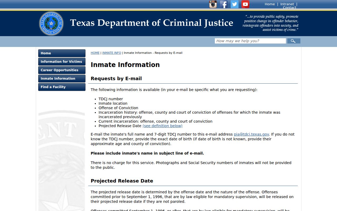 TDCJ email custody information relevant to Young County arrest research