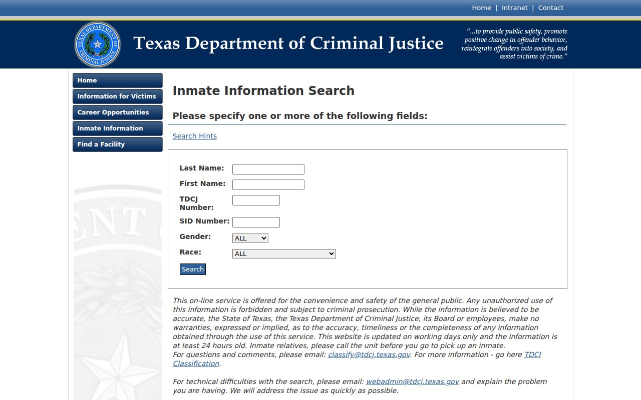 TDCJ custody search following a Young County arrest and sentence