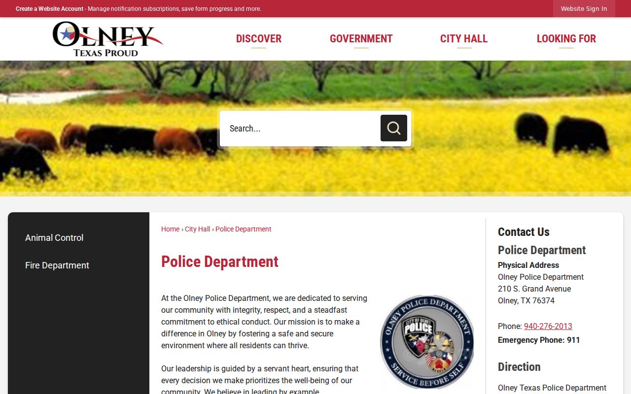 Olney criminal records contact information on the official police department page