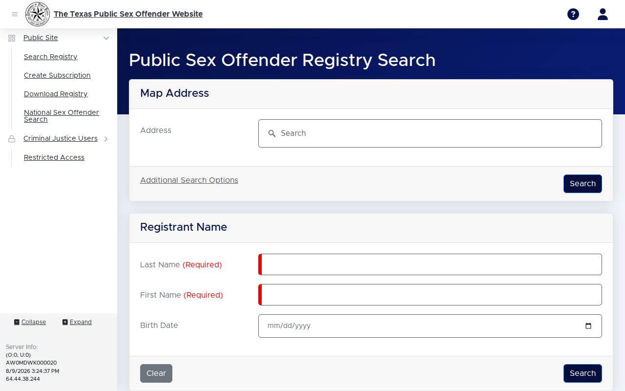 Young County sex offender lookup on the Texas DPS registry search screen